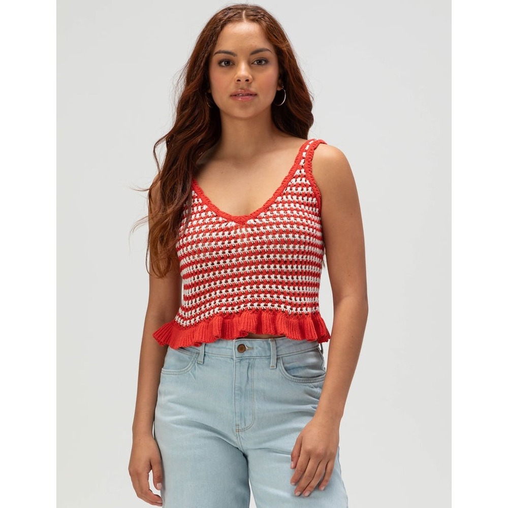 Full Tilt Red White Crochet Knit Peplum Tank Top Ruffle Hem 100% Cotton NEW
